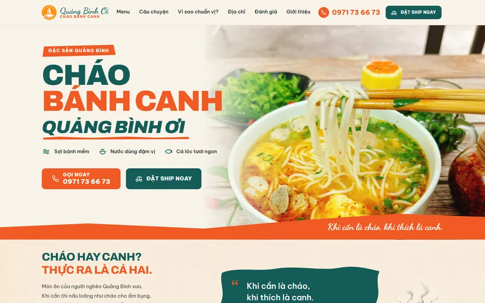 Giao diện website Cháo Bánh Canh Quảng Bình Ơi