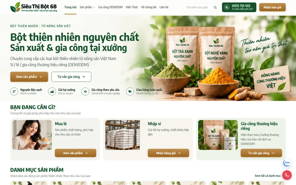 Giao diện website Siêu Thị Bột 68